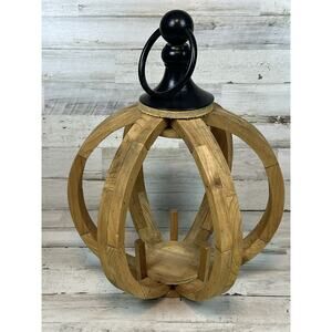 Rustic Wood Lantern Style Candle Holder Large Round Farmhouse Decor Metal Top